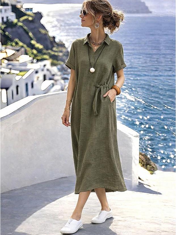 European & American Style Summer Elegant Button Lapel Pocket Loose Short Sleeve Dress