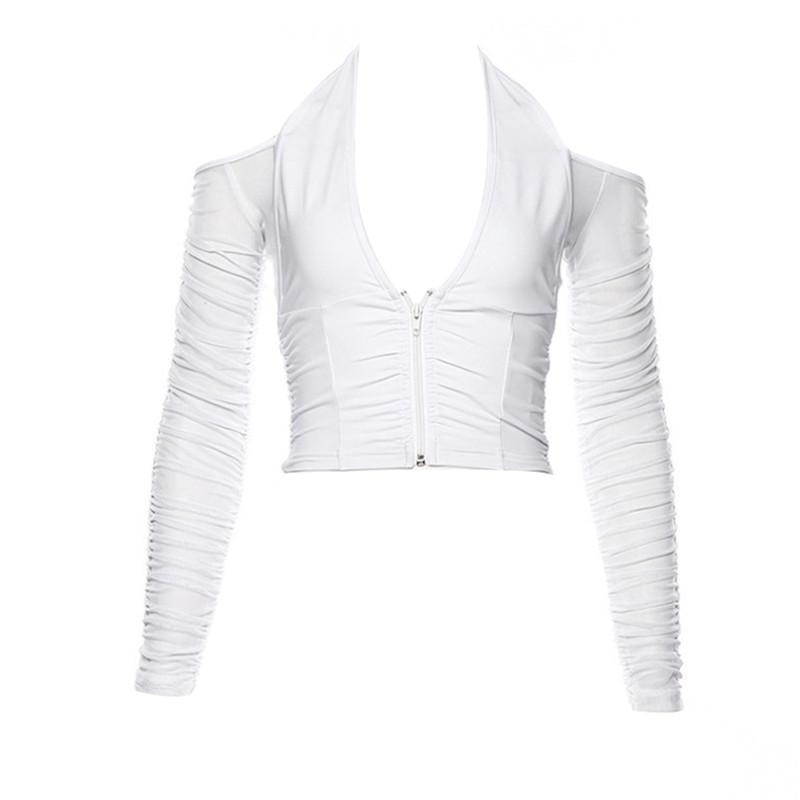 Women T-shirts Summer Fall Zipper Front Crop Tops Sexy Street Stylish Clothing Spliced Mesh Long Sleeve Deep V Neck Backless Top