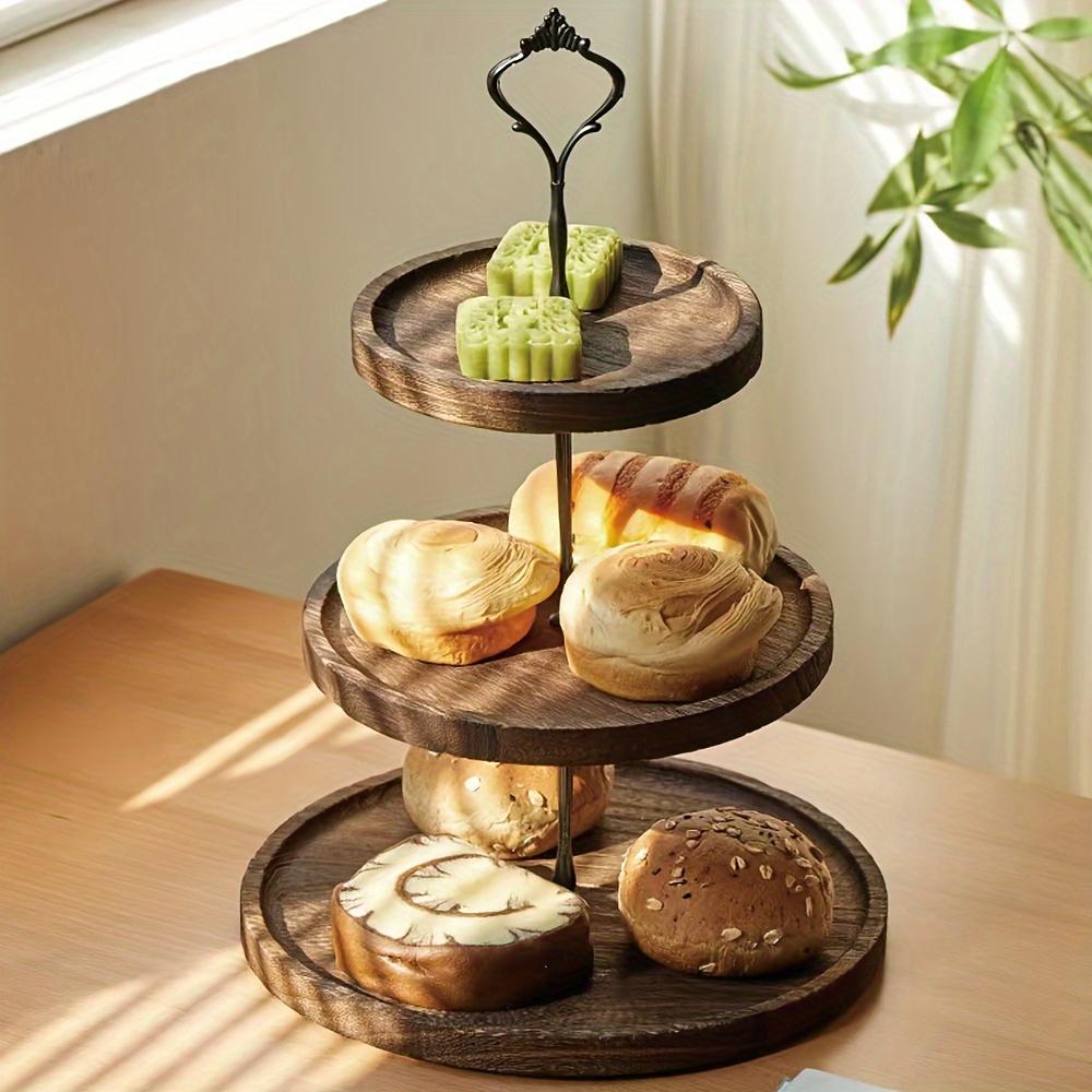 Wohnzimmer Couchtisch Holz Tischmatte Mehrschichtiges Frühstückstablett Kuchenplatte Aufbewahrungsregal, Holz 3-stöckige Dessert-Snack-Obstplatte, Heim Schreibtisch Tablett