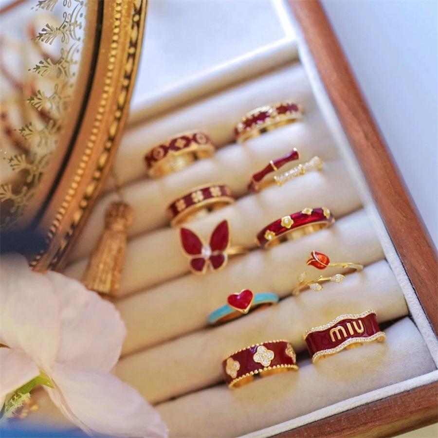 New Year's Ankara Red Drop Glaze Rose Flower Ring Delicate Light Luxury Clover Open Ring