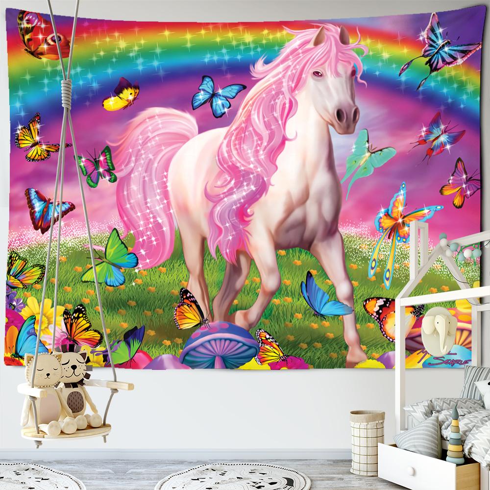 Renkli Karikatür Unicorn Goblen Duvar Askısı Kawaii Hippie Tapiz Kız Yurdu Estetik Odası Ev Dekoru