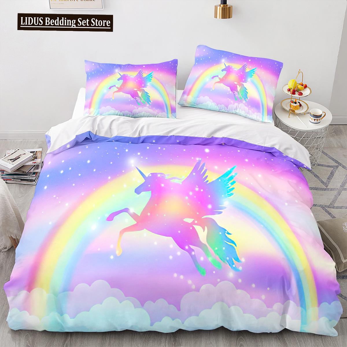 

Unicorn Duvet Cover Set Full Size Purple Aqua Rose Flower Dreamy Cartoon Sparkle Lilac Bedding EU single(135x200cm)