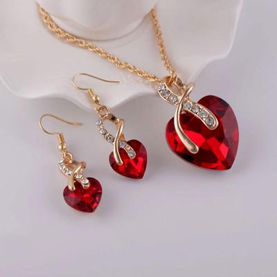 Ensemble Collier et Boucles d'Oreilles de Mariée Européen-Américain en Cristal Zircon en Forme de Cœur