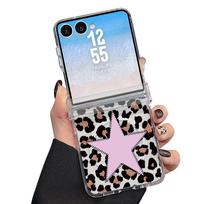 With Hinge Magnetic Phone Case For Samsung Z Flip 8 7 FE 6 5 4 Creative Leopard Print Hard Folding Phone Cover For Galaxy Z Flip8 Flip7 Flip6