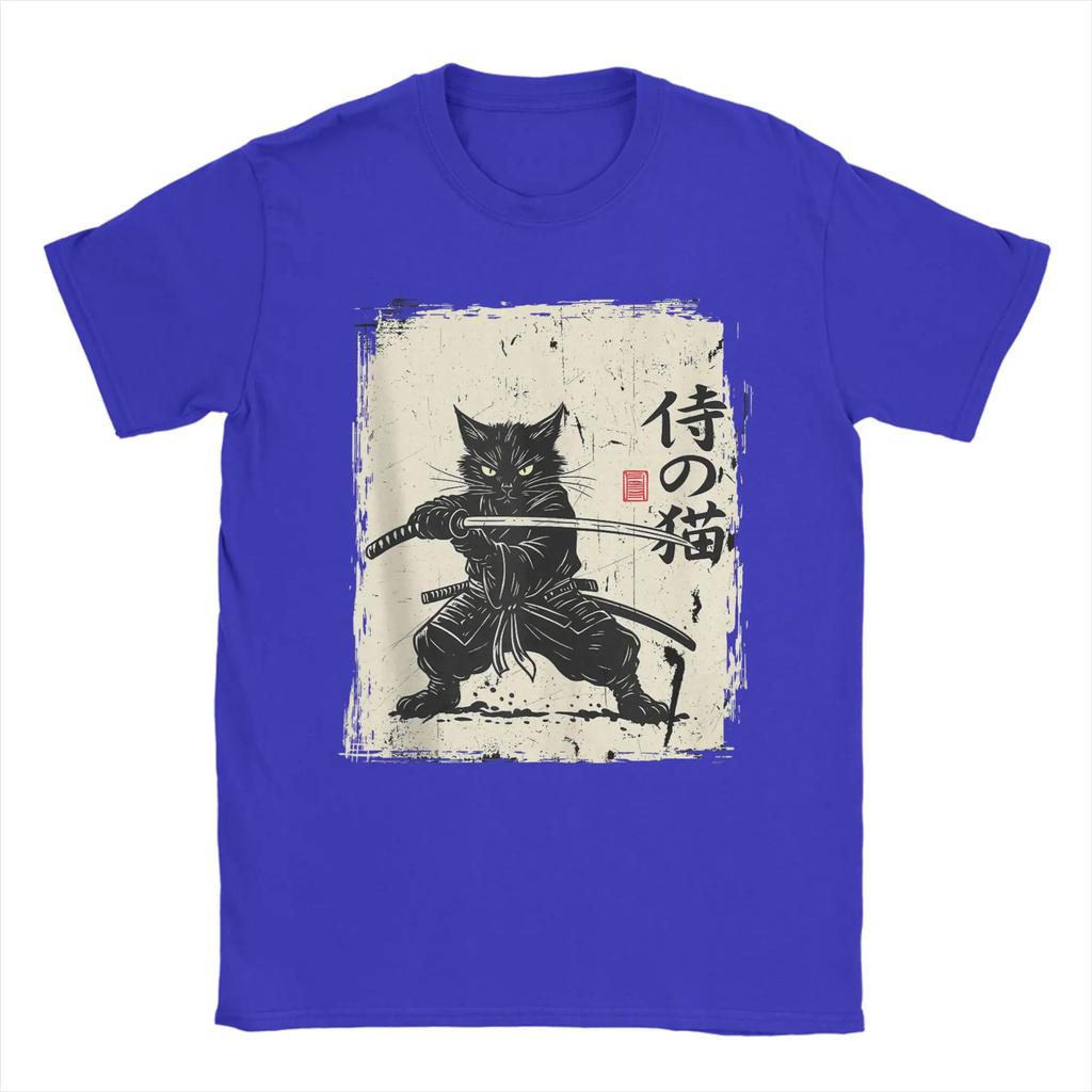 Vintage Anime Cat Japanese Art Funny Samurai Cat T Shirts Men's Cotton Vintage T-Shirt Round Neck Tees Short Sleeve Tops 5XL 6XL