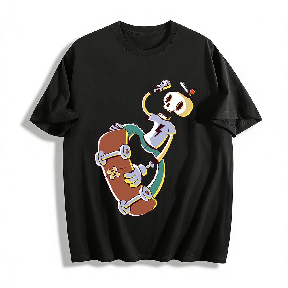 Skull Skateboard Print Tshirt Cool Street Style Casual Loose Tee Pure cotton T-shirt XXS
