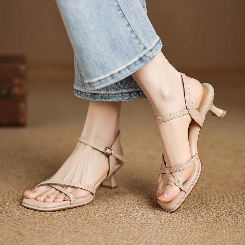 Square head one-word with stiletto sandals women's skirt medium heel versatile open-toed high heels