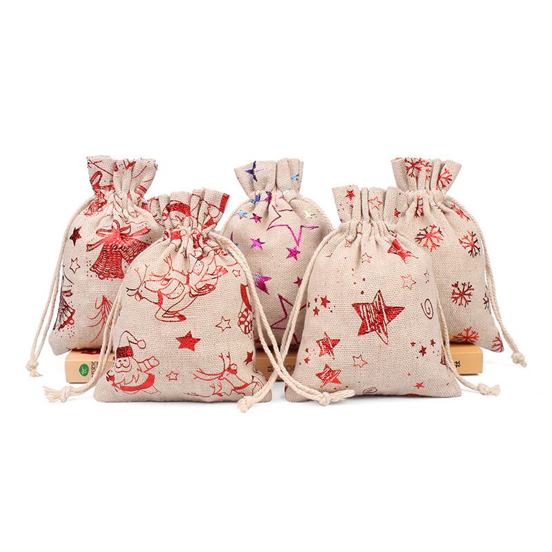 24pcs Linen Christmas Gift Bags with Gilded Christmas Patterns Chocolate Candy Packaging Gift Bags Drawstring Bags