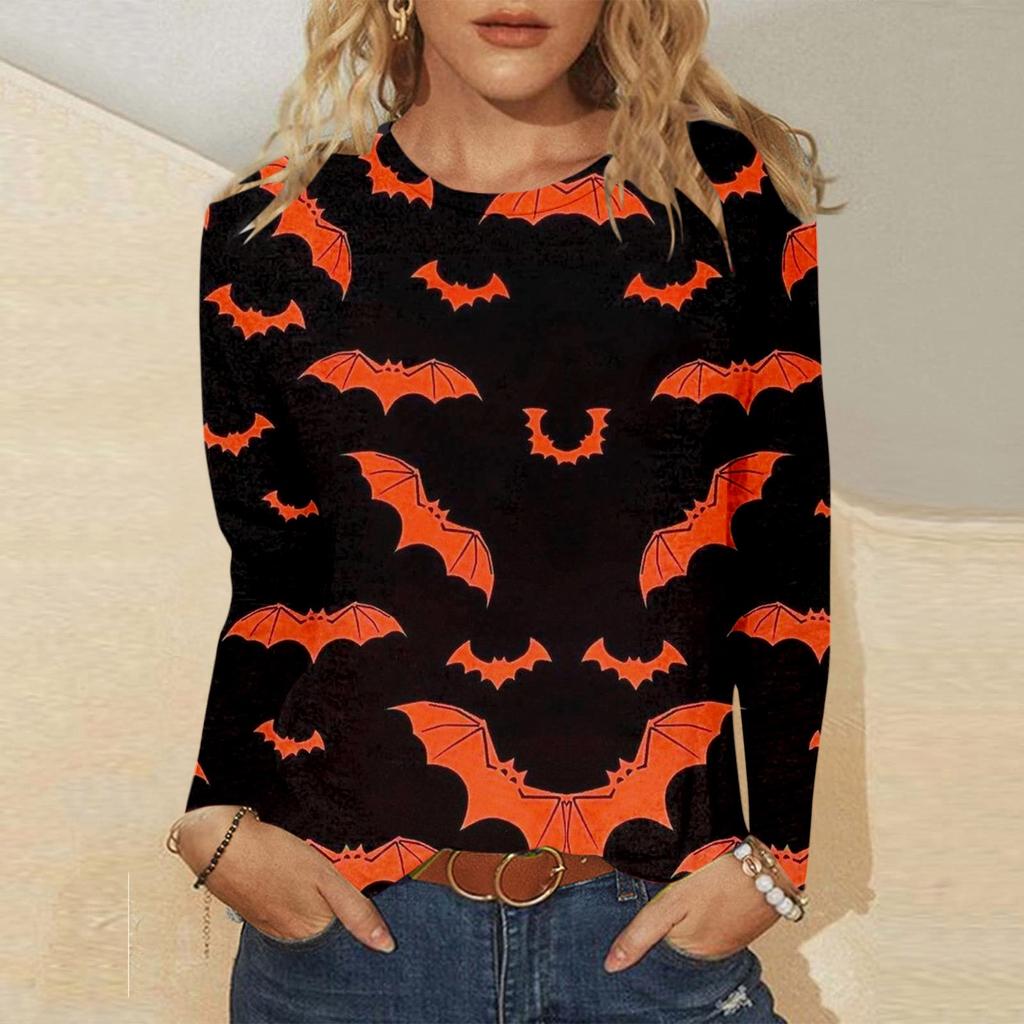 Women's Casual Fashion Halloween Print Long Sleeve Pullover T-shirt Top