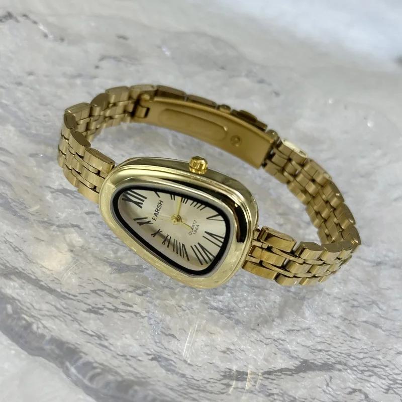 Damen Quarz Uhr mit unregelmäßigem Zifferblatt in Schlangenkopf-Optik, Edelstahlarmband, Armbanduhr, Mode, Luxusuhr