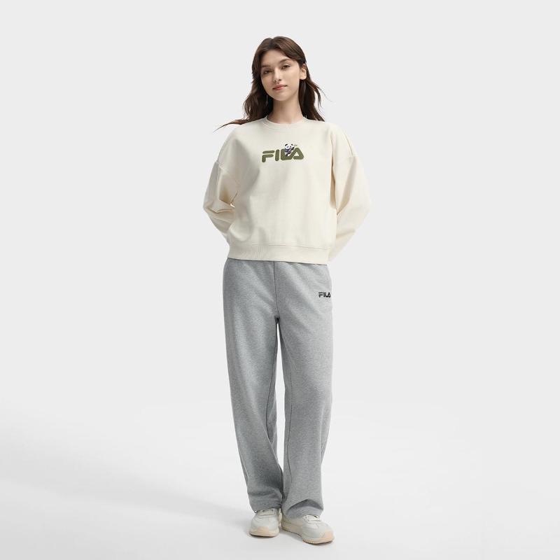 FILA HERITAGE Panda Embroidery Trendy Casual Versatile Crew Neck Pullover Sweatshirt Women Vapor White F51W538201FIV