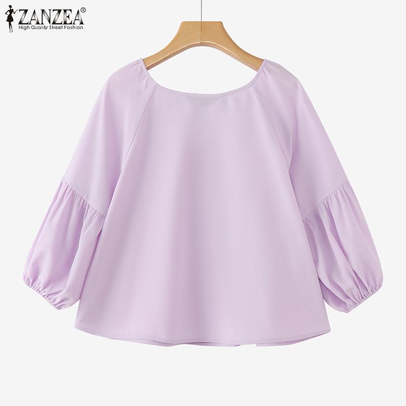 ZANZEA Dámské vintage halenky s kulatým výstřihem, lucernou a 3/4 rukávem a zavazováním