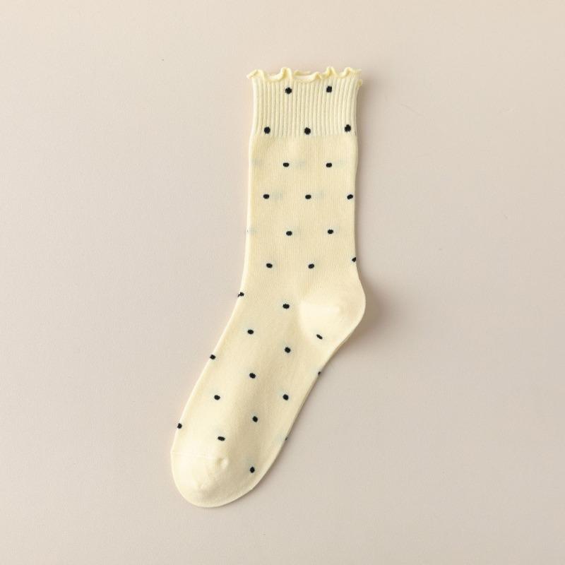 

Осенние носки для женщин, черные носки до середины икры с отделкой ушками, дышащие махровые носки в горошек с кружевом 1 pair жёлтый