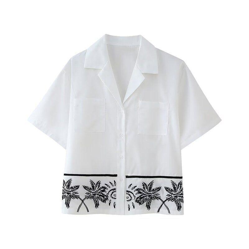 Western Style 2024 Summer New Women clothes Design Slimming Versatile Embroidered Short sleeve Shirts Mid-Waist Trousers