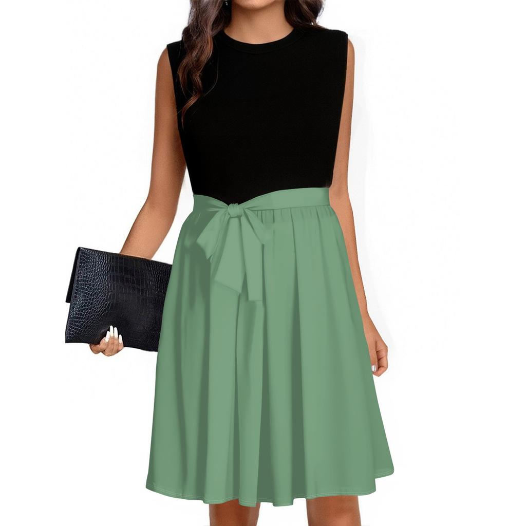 Women's Fashion Casual Lace-up Sleeveless Round Neck Splicing Short Dress