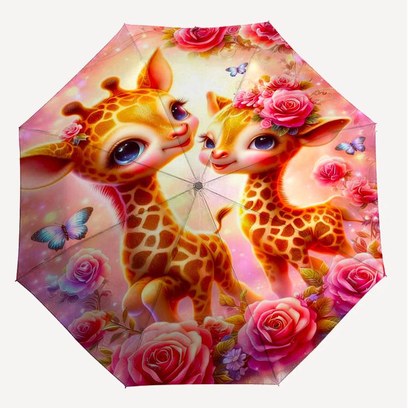 1PC Giraffe Flowers Umbrella-8-Rib Reinforced, Automatic Open, Lightweight & Durable, Fashion Accessory for Outdoor-L0402
