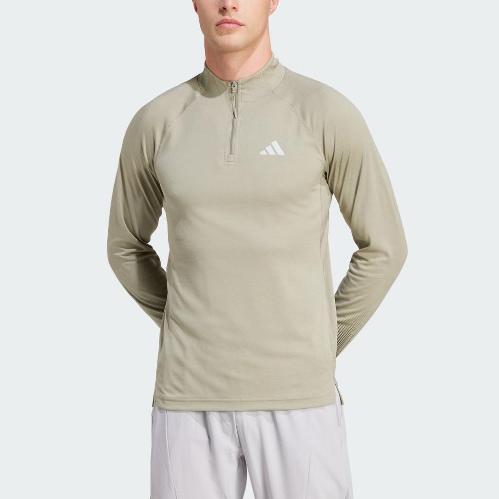 Adidas Gym AEROREADY Brandlove 1/4-Zip Shirt Solid Color Versatile Training Stand Collar Long Sleeve T-Shirt Men Tops Olive-Green IW5876