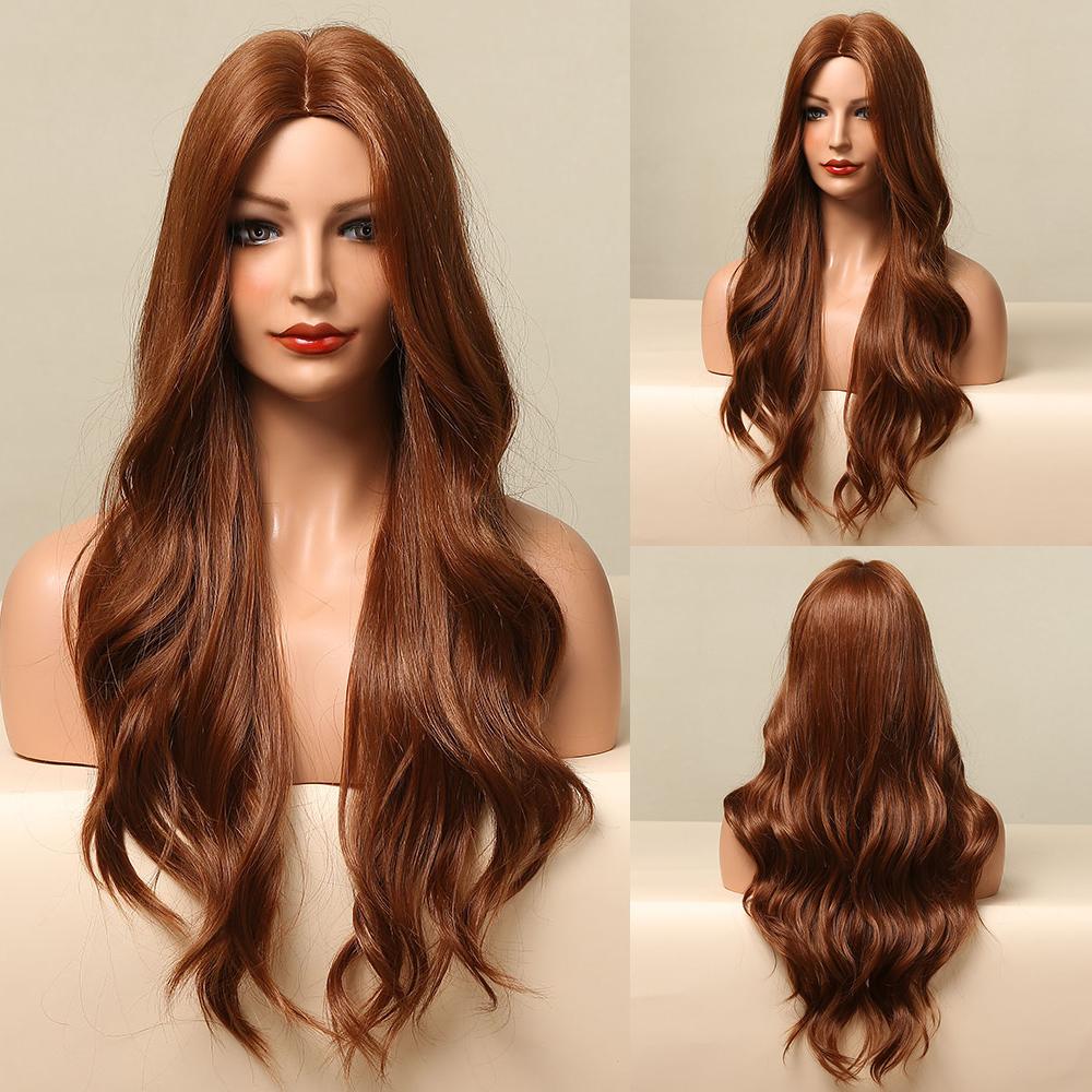 ALAN EATON Long Water Wave Wig Middle Part Red Brown Orange Copper Heat Resistant Synthetic Hair Wigs for Women African American