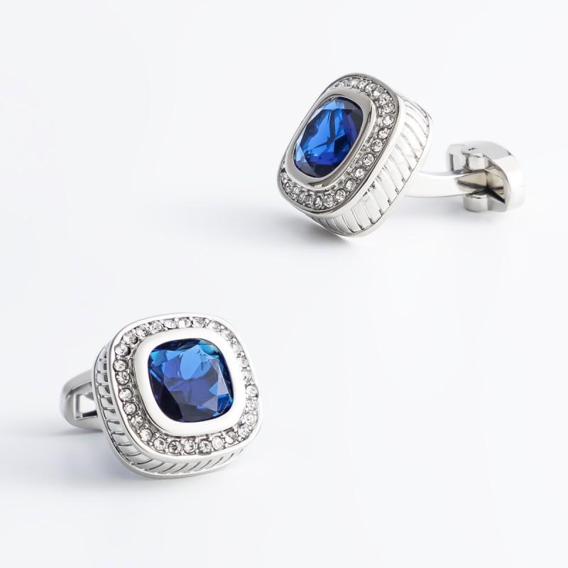 Silver Square Black Blue Zircon Diamond Studded Cufflinks Men s Foreign Trade French Natural