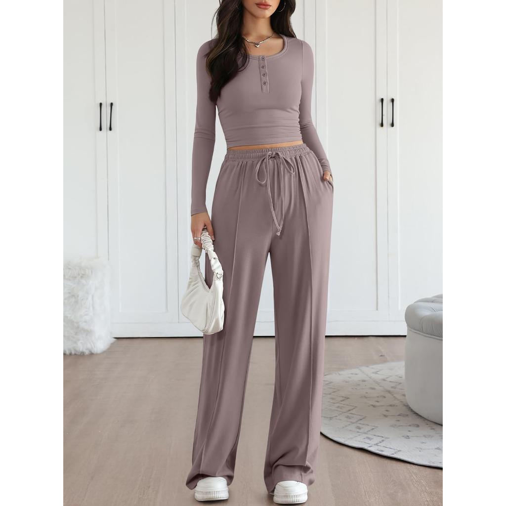 Women's Casual Round Neck Knitted Top Wide Leg Pants Set, Sports Floor Mopping Casual Pants