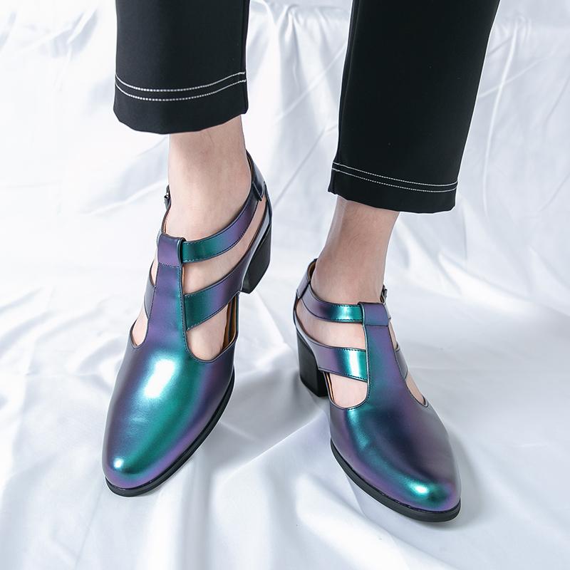 Summer Men’s Silver Sandals Mules Dance Dress Prom Shoes Gold Stylish High Heel Leather Shoes Plus Size