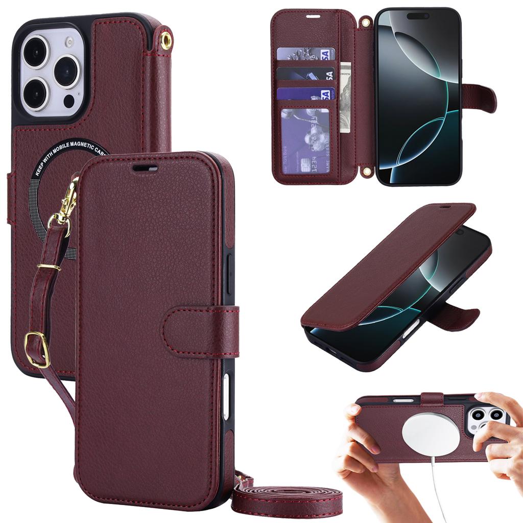 Crossbody Long Lanyard Flip Cards Sold Wallet Leather Case for iPhone 17 Pro Max 16 15 14 13 12 For Magsafe Shockproof Cover