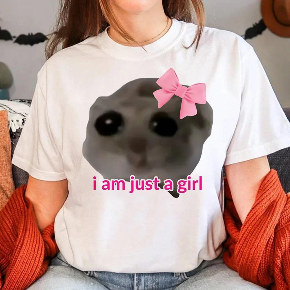 24ss Girls Funny T-shirt Sad Hamster Graphic Print Clothing I'm Just A Girl Letter Tops Humour Patterns Streetwear White Blouse