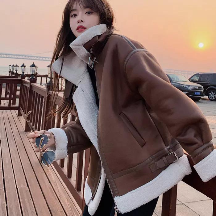 2026 Autumn and Winter Lamb Wool Coat Fur One Plus Velvet Thickened Grain Velvet Motorcycle Clothing