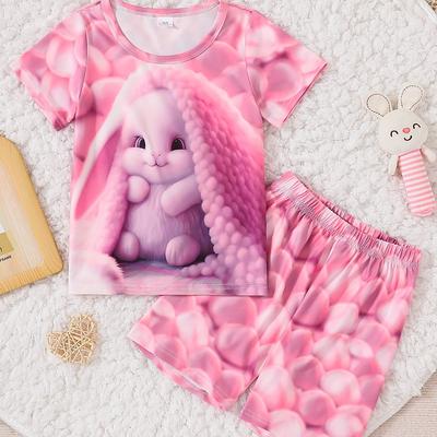 Sets für Kinder 2-teiliges süßes Kaninchen-Pyjama-Set mit 3D-Druck, kurzärmeliges T-Shirt und kurze lässige Oberteile, Mädchenkleidung von 2 bis 8 Jahren