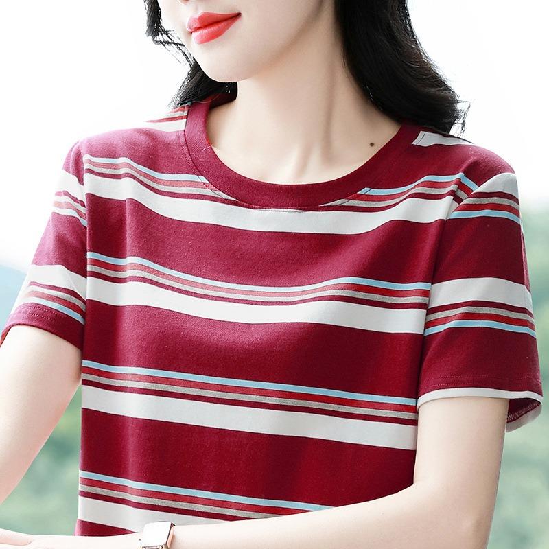 Striped Short-sleeved T-shirt Women's Round Neck Half-sleeved Shirt Summer Plus Size Loose Top