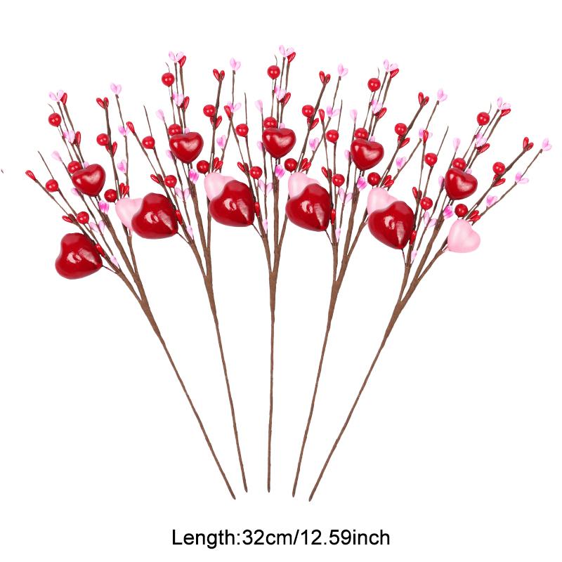 5pcs/lot Artificial Heart Shaped Berry Picks Flower Stem Branches for Valentines Day Wedding Party Home Table Decoration Gifts
