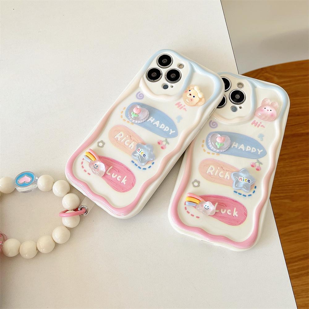 Cute Cartoon 3d Bear Rabbit Flower Rainbow Bead Bracelet Soft Case For Iphone 14 12 11 13 Pro Xr X Xs Max Protective Back Cover
