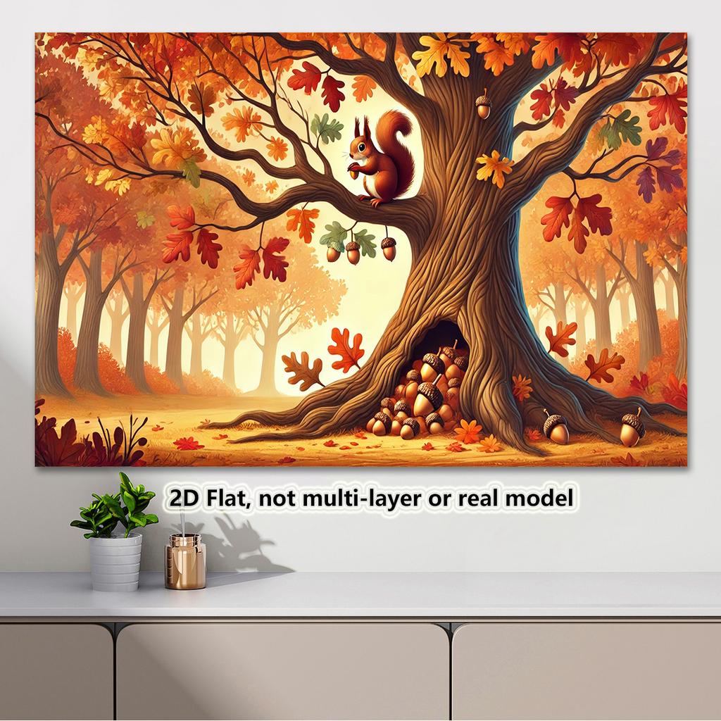 2D Plane, 1 Autumn Party Banner Background, Autumn Squirrels and Oak Trees, Pumpkins, Hay Bales, Maple Leaveszyc