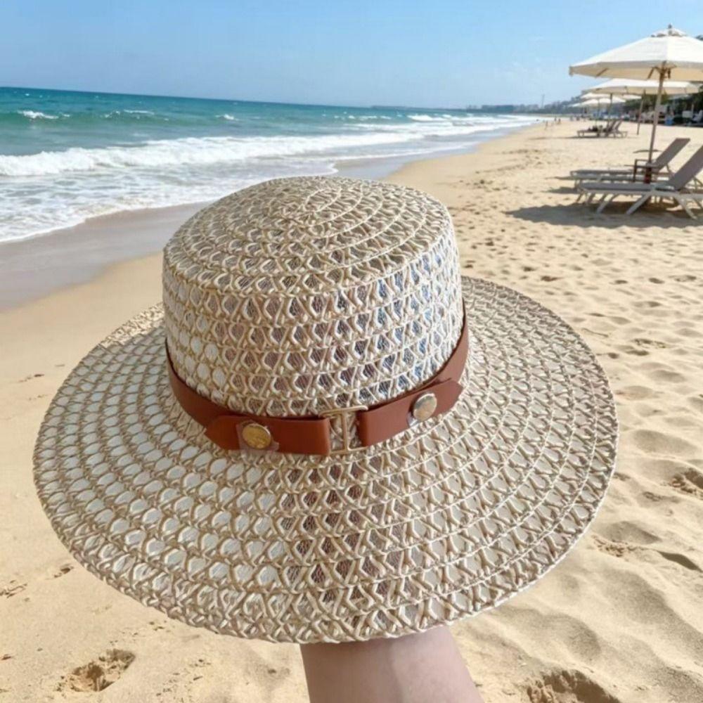 Woven Flat Top Hat Buckle Decorated Band Flat Brim Hat Versatile Straw Hat Daily Matching