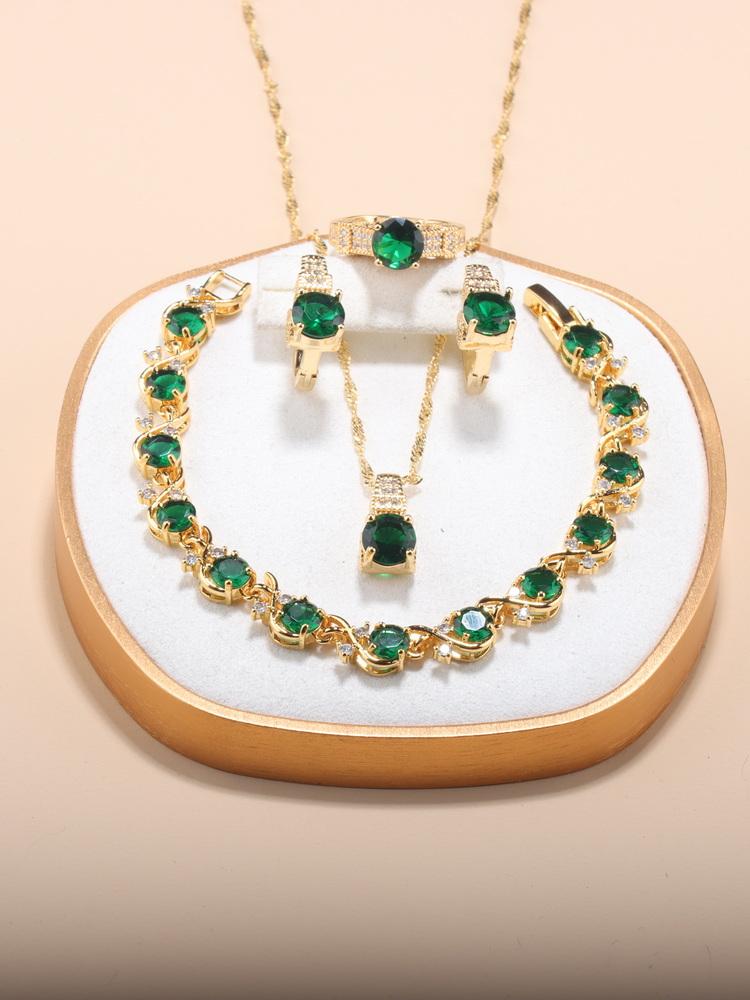 5-Piece New Moroccan Wedding Jewelry  Gold Plated Costume Necklace And Earrings Green Sets African Women Classic Accessories
