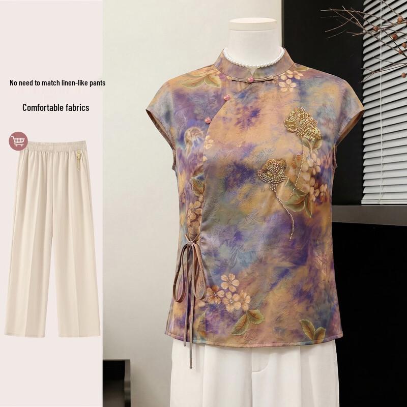 Yuzhaolin Women's New Chinese Style Floral Summer Set