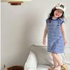 2024 Girls' Korean Style Navy Striped Sleeveless Mid-Length T-Shirt Dress