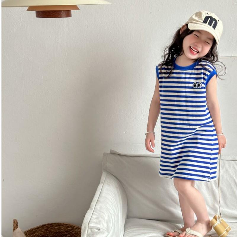 2024 Girls' Korean Style Navy Striped Sleeveless Mid-Length T-Shirt Dress