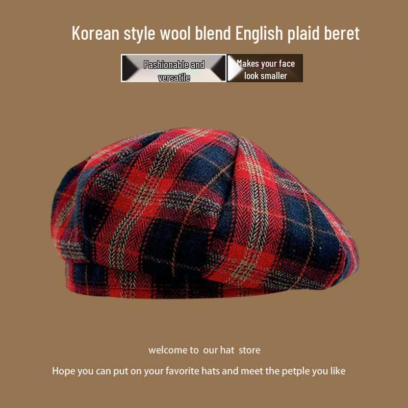 Retro Red Plaid Beret: Niche Design, Versatile Christmas Octagonal Hat, Light Luxury Style