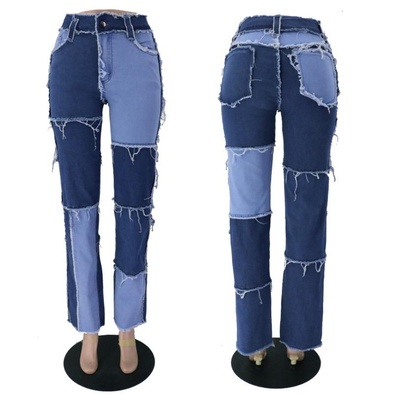 Women's Plus Size Mixed Colour Splicing High Waisted Tight Hip Women's Straight Jeans Trousers