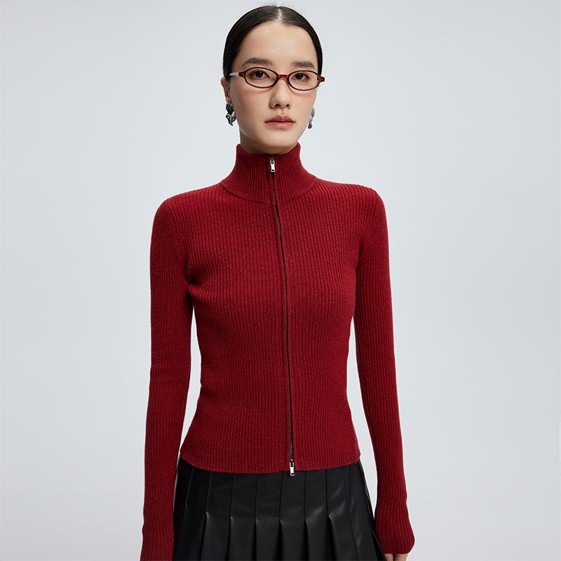 Women's Cashmere Zipper Cardigan: 2024 Autumn/Winter Slim Fit Ribbed Sweater