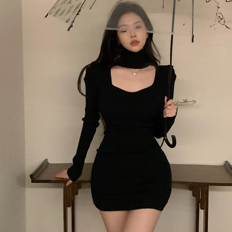 Damen Kleid, kurz, Hüftwickel, schmale Passform, lange Ärmel, einfarbig