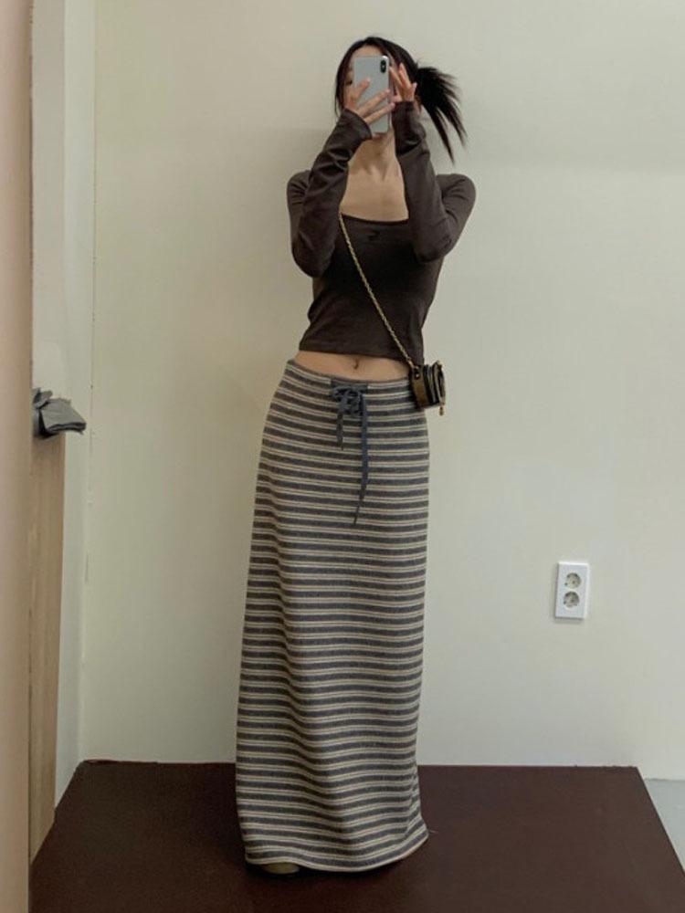 Korean Striped Color Block Lace-up Long Skirt - Spring/Autumn 2026 Collection