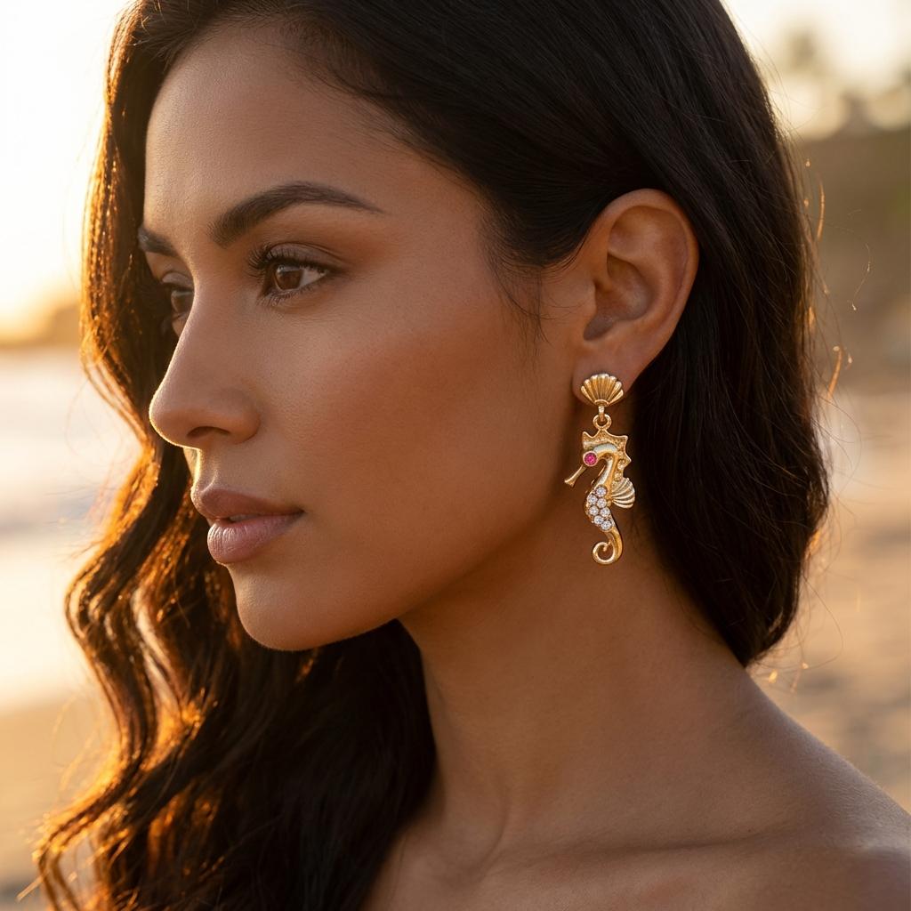 Vacation Style Shiny Rhinestone Seahorse Drop Earrings For Women Crystal Zircon Enamel Sea Animal Seahorse Earring Ocean Jewelry