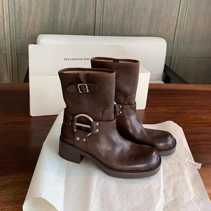 Metal Buckle Round Head Retro Leather Locomotive Boots Thick Heel Western Short Boots Women