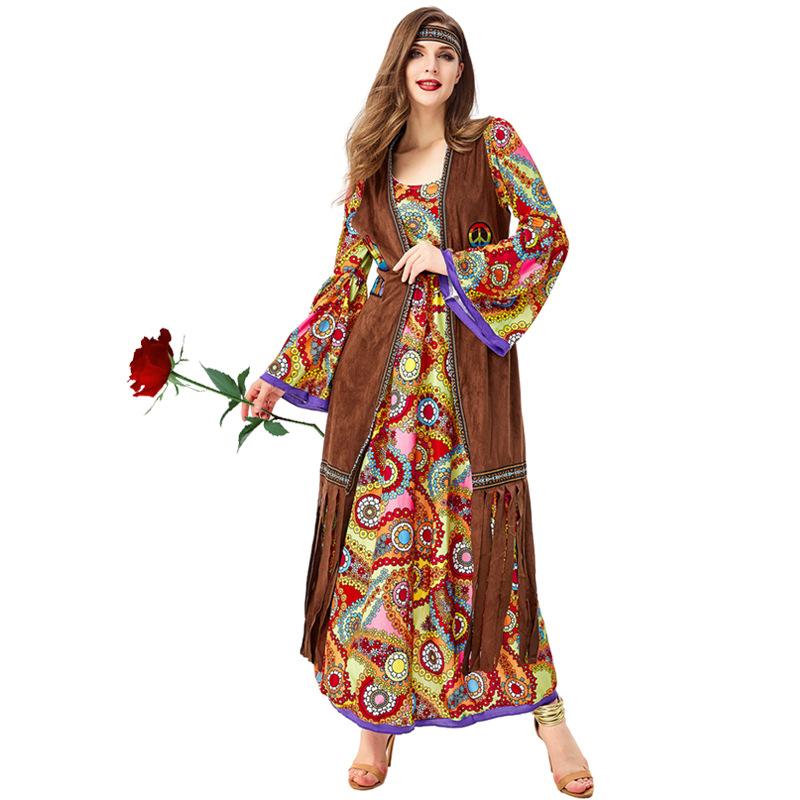 

Adult Women Retro 70s Hippie Disco Singer Dancer Floral Tassel Vest Dress Set Halloween Cosplay Costumes Role Play Outfit XXL коричневий