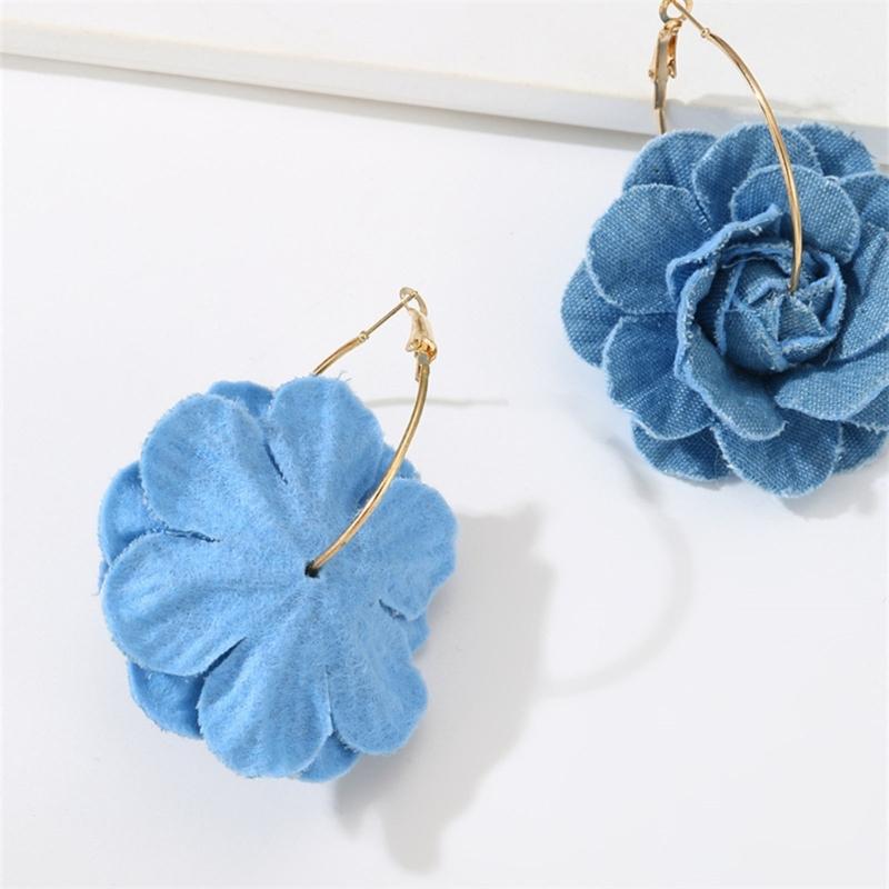 Floral Drop Earrings Lightweight Camellia Earrings Allergy Free Blue Flower Ear Pendants Handmade Denims Ornament