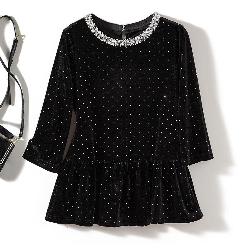 Starry Water Soluble Diamond Tops! Fairy Three-Quarter Sleeve Pearl Collar round Neck Slimming Pleuche T-shirt Thin Coat New