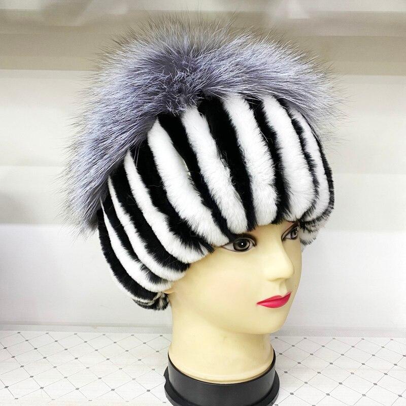 Warm Rabbit Fur Hat Women Striped Natural Fox Fur Beanies Female Winter Thick Knitted Outdoor Striped Caps