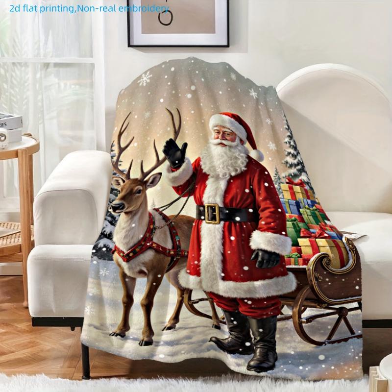 1pc Christmas Holiday Santa And Reindeer Printed Blanket, Festive Atmosphere, Multi-Size Available, Autumn Thanksgiving Christmas Nap Blanket, Suitabl